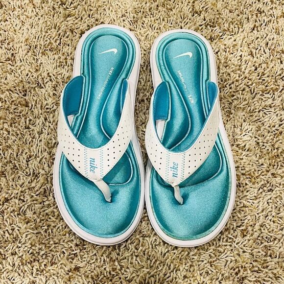 Nike Shoes - Nike Sandals Flat Slip On Thong Comfort Footbed White Aqua Women Size 8
